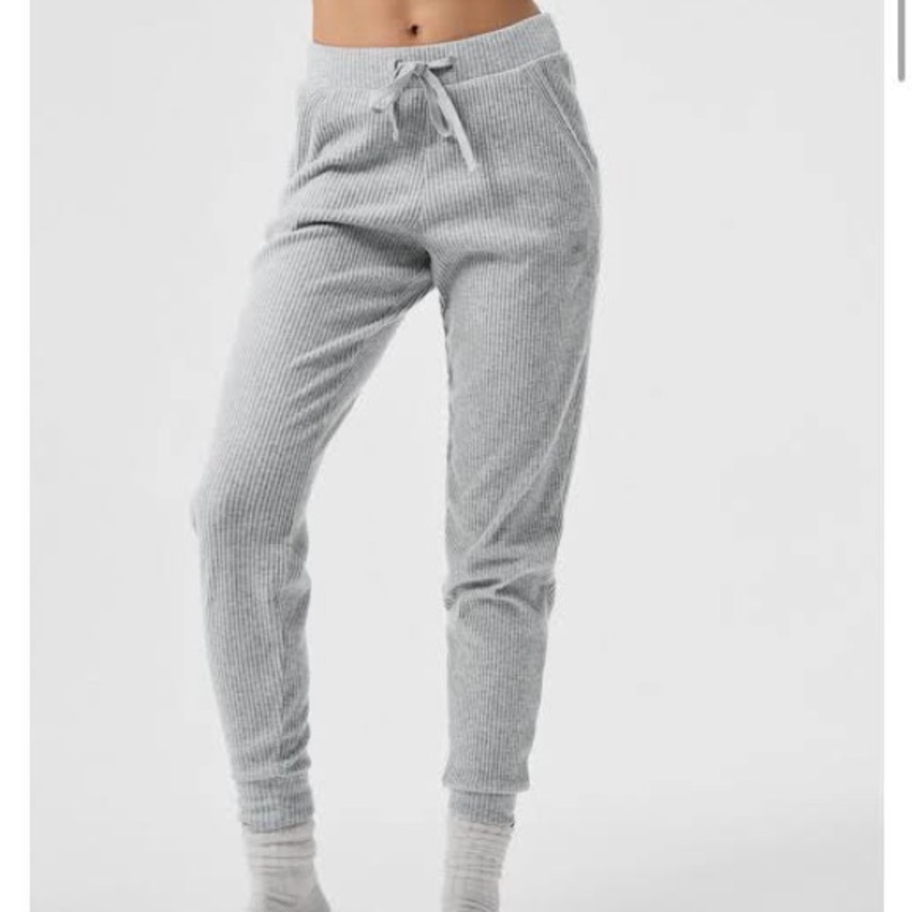 Women's Ribbed Drawstring Jogger Pants - Light Gray